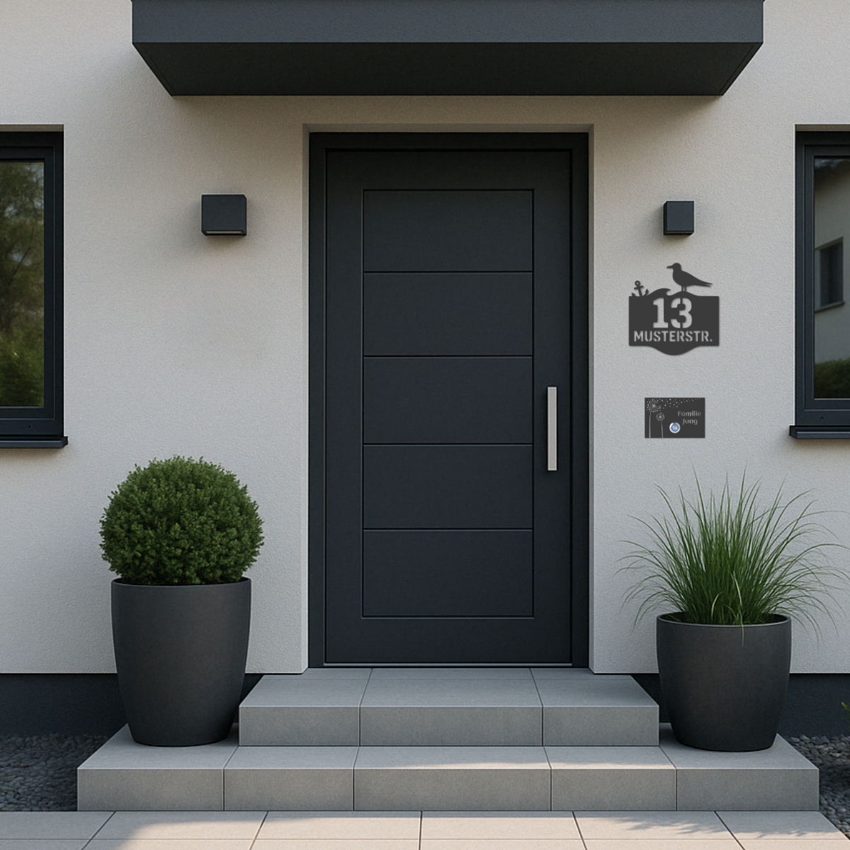 Moodbild: Hausnummernschild in Anthrazit mit Möwe, Anker und Wellenmotiv – moderne Edelstahloptik an eleganter Haustür mit stilvoller Fassade